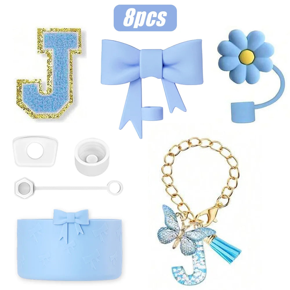 8PCS Cup Accessories Set for Stanley Cup 30oz 40oz, A-Z Initials Decorations, Including Silicone Straw Cover Cap,Sticker ﻿ ﻿
