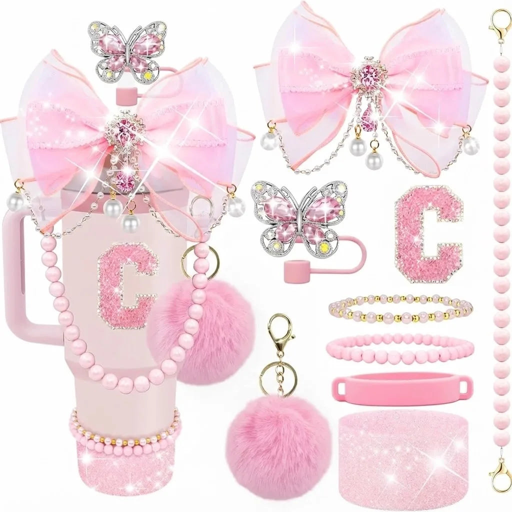 9pcs Quite Luxury Coquette Pink Bow Tumbler Accessories Set for Stanley 30oz 40oz Cup - Includes Letter Charm,  Cute Preppy Gift