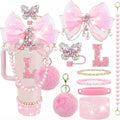 9pcs Quite Luxury Coquette Pink Bow Tumbler Accessories Set for Stanley 30oz 40oz Cup - Includes Letter Charm,  Cute Preppy Gift