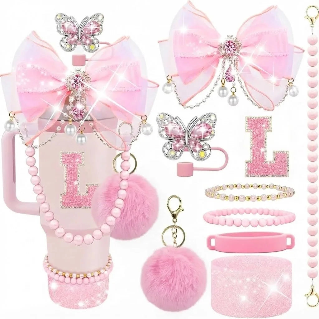 9pcs Quite Luxury Coquette Pink Bow Tumbler Accessories Set for Stanley 30oz 40oz Cup - Includes Letter Charm,  Cute Preppy Gift