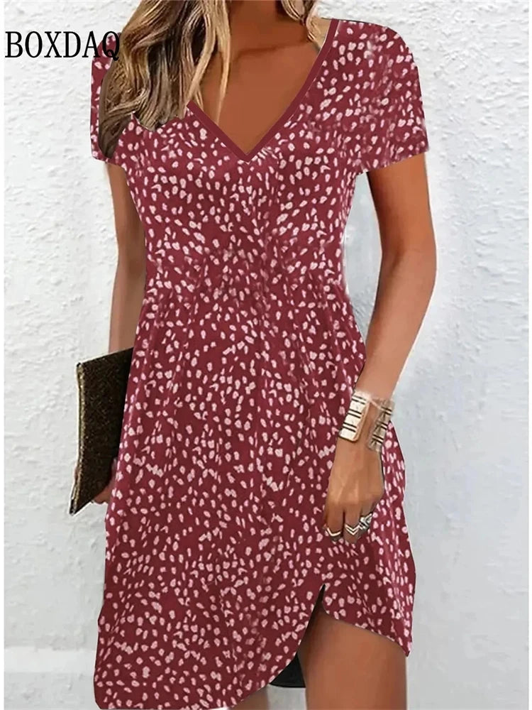 Casual Sundress Loose Summer Boho Beach Dress Floral Printed For Women Dress Retro V Neck Short Sleeve Plus Size Dresses