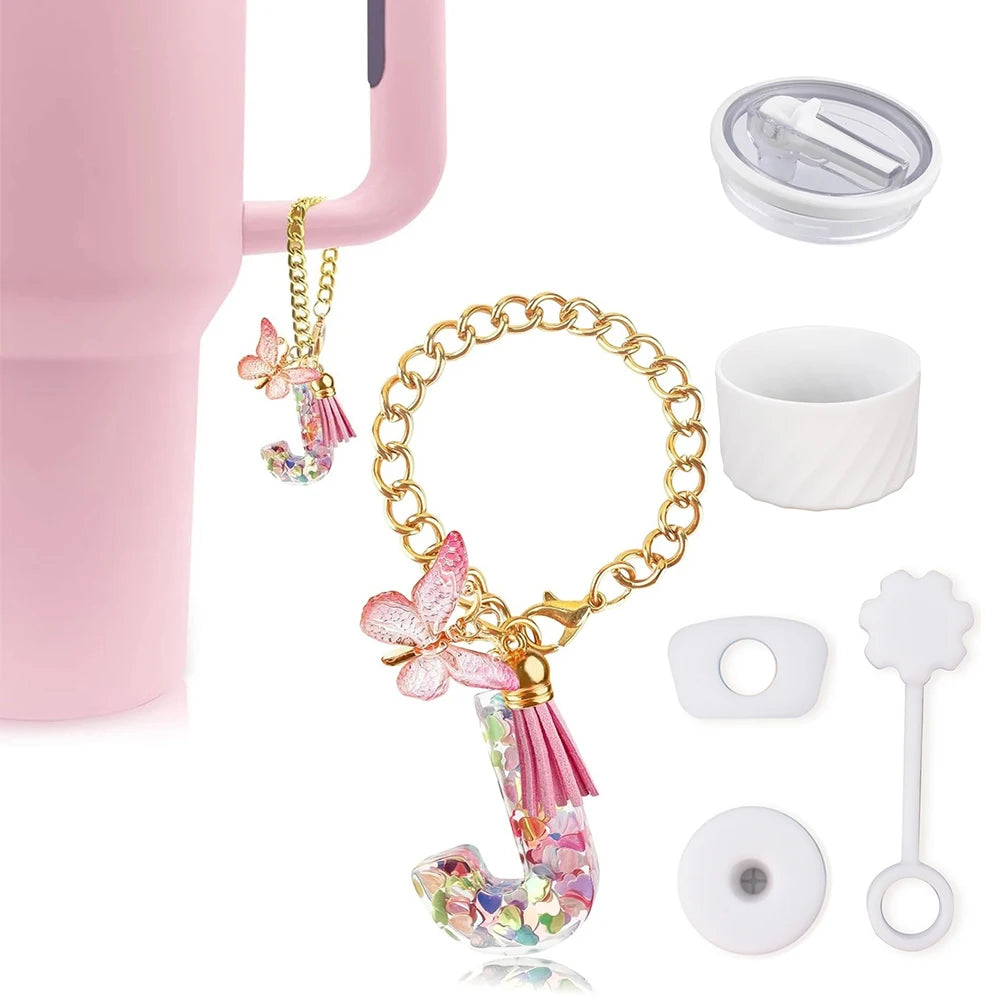 6PCS Cup Accessories Set for Stanley Cup 40oz, Tumbler Initials Decorations, Including Silicone Straw Cover Cap,Sticker