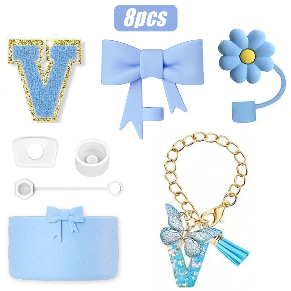 8PCS Cup Accessories Set for Stanley Cup 30oz 40oz, A-Z Initials Decorations, Including Silicone Straw Cover Cap,Sticker ﻿ ﻿