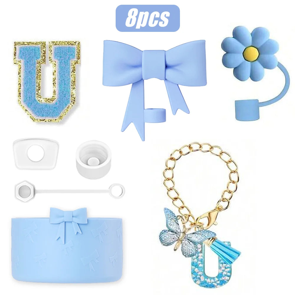 8PCS Cup Accessories Set for Stanley Cup 30oz 40oz, A-Z Initials Decorations, Including Silicone Straw Cover Cap,Sticker ﻿ ﻿