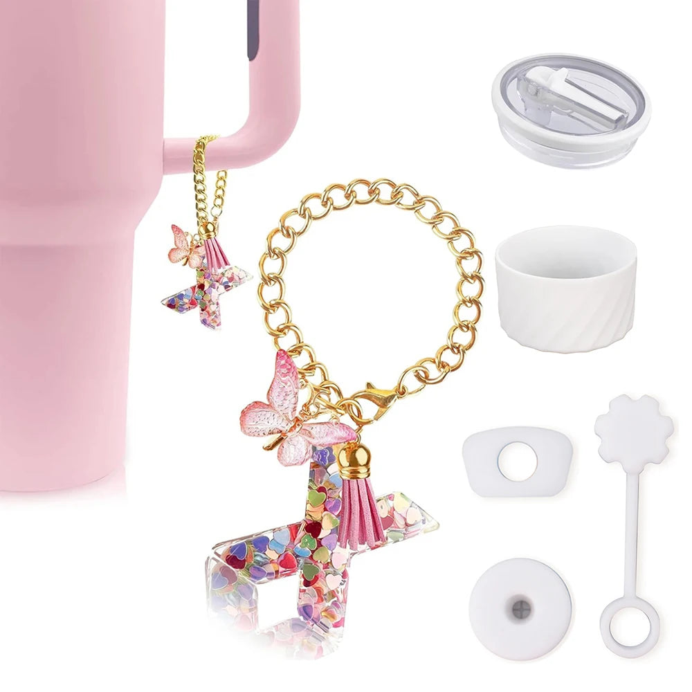 6PCS Cup Accessories Set for Stanley Cup 40oz, Tumbler Initials Decorations, Including Silicone Straw Cover Cap,Sticker