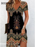 Casual Sundress Loose Summer Boho Beach Dress Floral Printed For Women Dress Retro V Neck Short Sleeve Plus Size Dresses