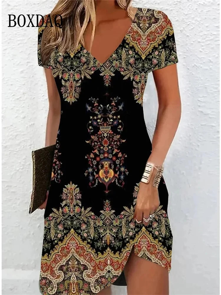 Casual Sundress Loose Summer Boho Beach Dress Floral Printed For Women Dress Retro V Neck Short Sleeve Plus Size Dresses