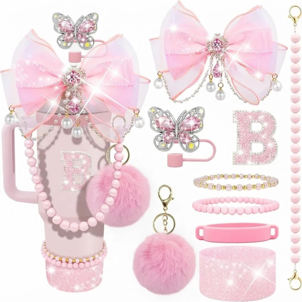 9pcs Quite Luxury Coquette Pink Bow Tumbler Accessories Set for Stanley 30oz 40oz Cup - Includes Letter Charm,  Cute Preppy Gift