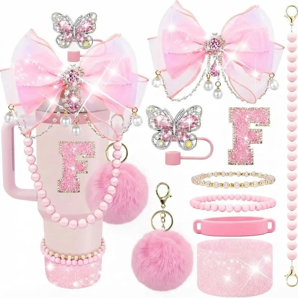 9pcs Quite Luxury Coquette Pink Bow Tumbler Accessories Set for Stanley 30oz 40oz Cup - Includes Letter Charm,  Cute Preppy Gift