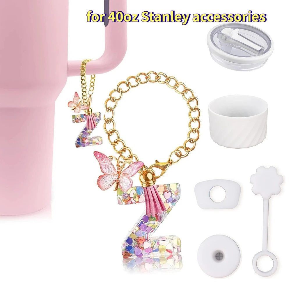 6PCS Cup Accessories Set for Stanley Cup 40oz, Tumbler Initials Decorations, Including Silicone Straw Cover Cap,Sticker