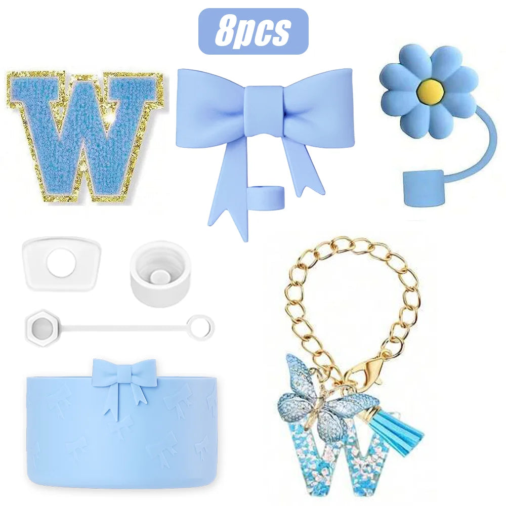 8PCS Cup Accessories Set for Stanley Cup 30oz 40oz, A-Z Initials Decorations, Including Silicone Straw Cover Cap,Sticker ﻿ ﻿