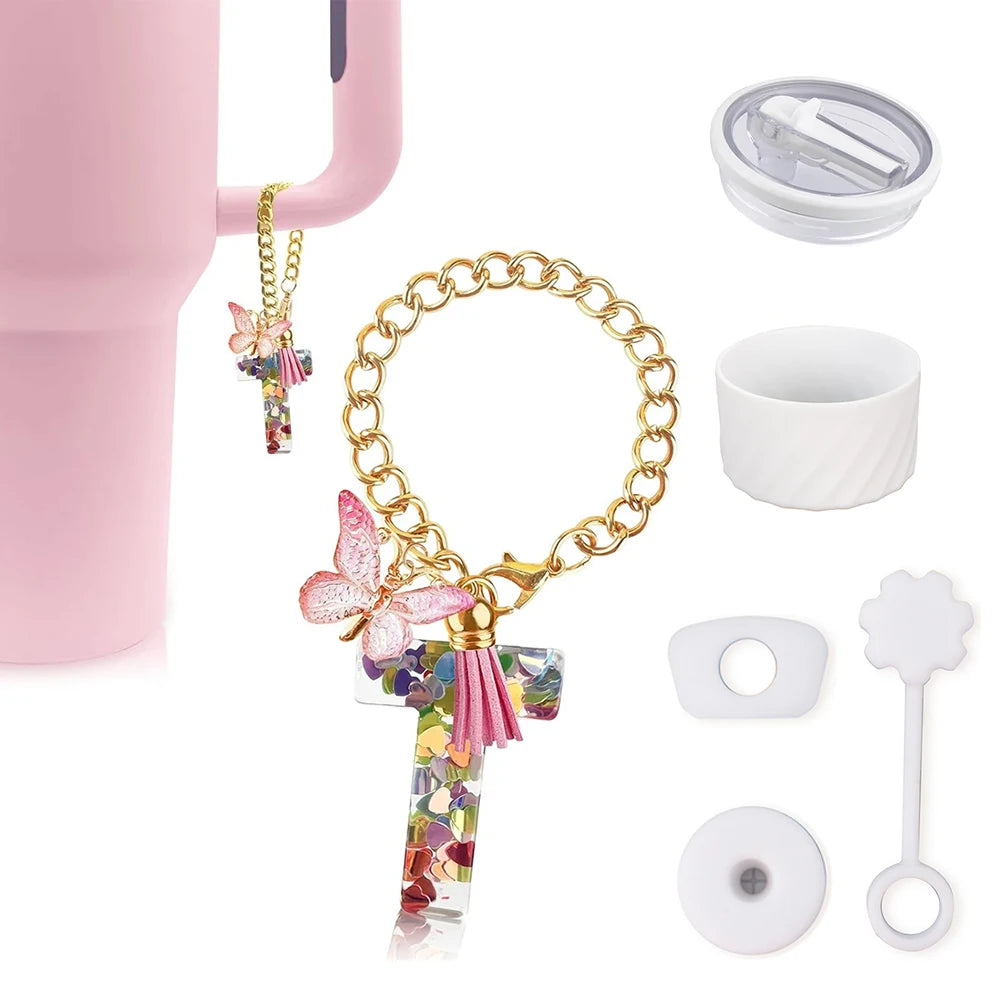 6PCS Cup Accessories Set for Stanley Cup 40oz, Tumbler Initials Decorations, Including Silicone Straw Cover Cap,Sticker