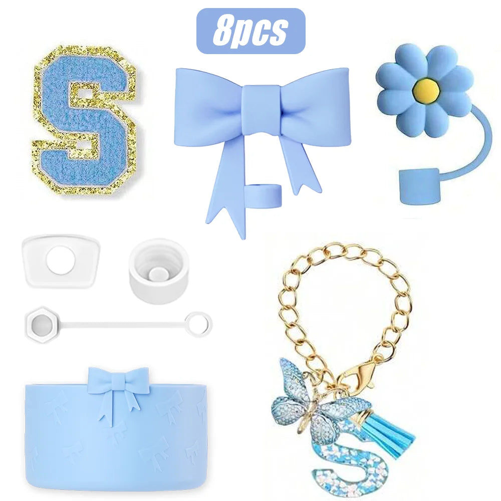 8PCS Cup Accessories Set for Stanley Cup 30oz 40oz, A-Z Initials Decorations, Including Silicone Straw Cover Cap,Sticker ﻿ ﻿