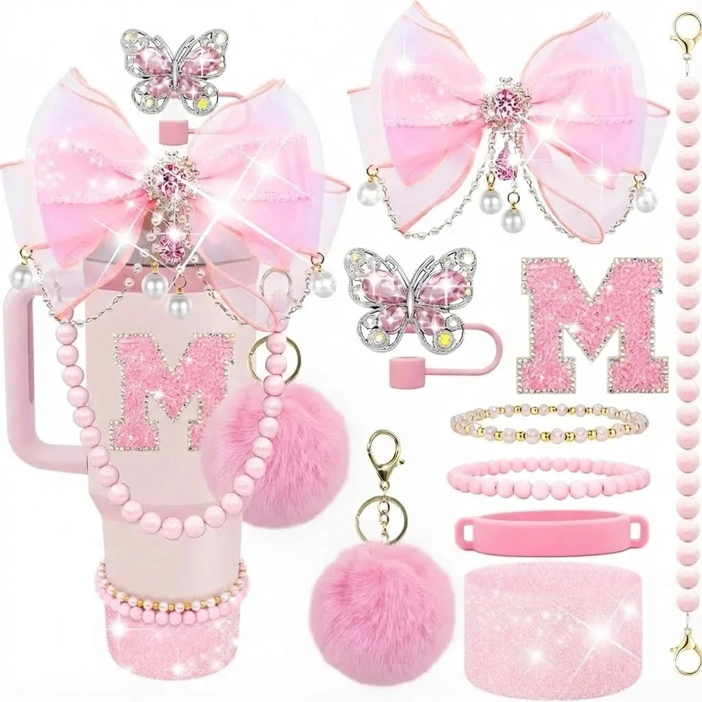 9pcs Quite Luxury Coquette Pink Bow Tumbler Accessories Set for Stanley 30oz 40oz Cup - Includes Letter Charm,  Cute Preppy Gift