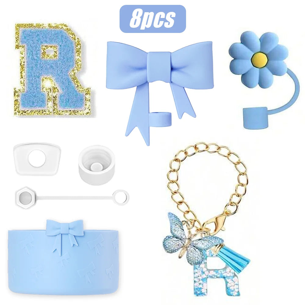 8PCS Cup Accessories Set for Stanley Cup 30oz 40oz, A-Z Initials Decorations, Including Silicone Straw Cover Cap,Sticker ﻿ ﻿