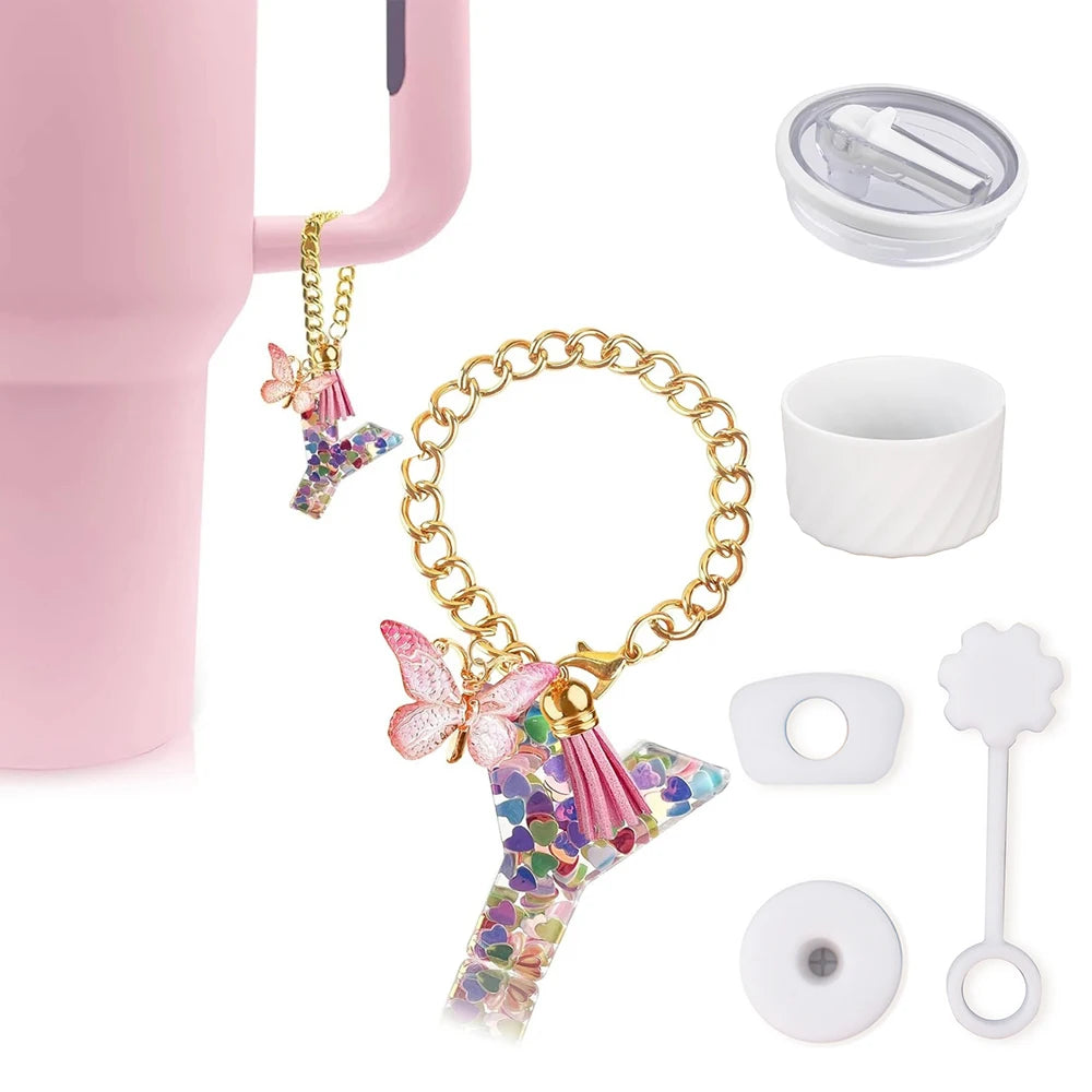 6PCS Cup Accessories Set for Stanley Cup 40oz, Tumbler Initials Decorations, Including Silicone Straw Cover Cap,Sticker