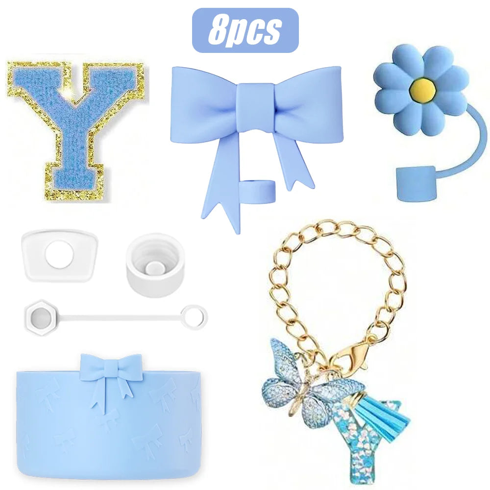 8PCS Cup Accessories Set for Stanley Cup 30oz 40oz, A-Z Initials Decorations, Including Silicone Straw Cover Cap,Sticker ﻿ ﻿