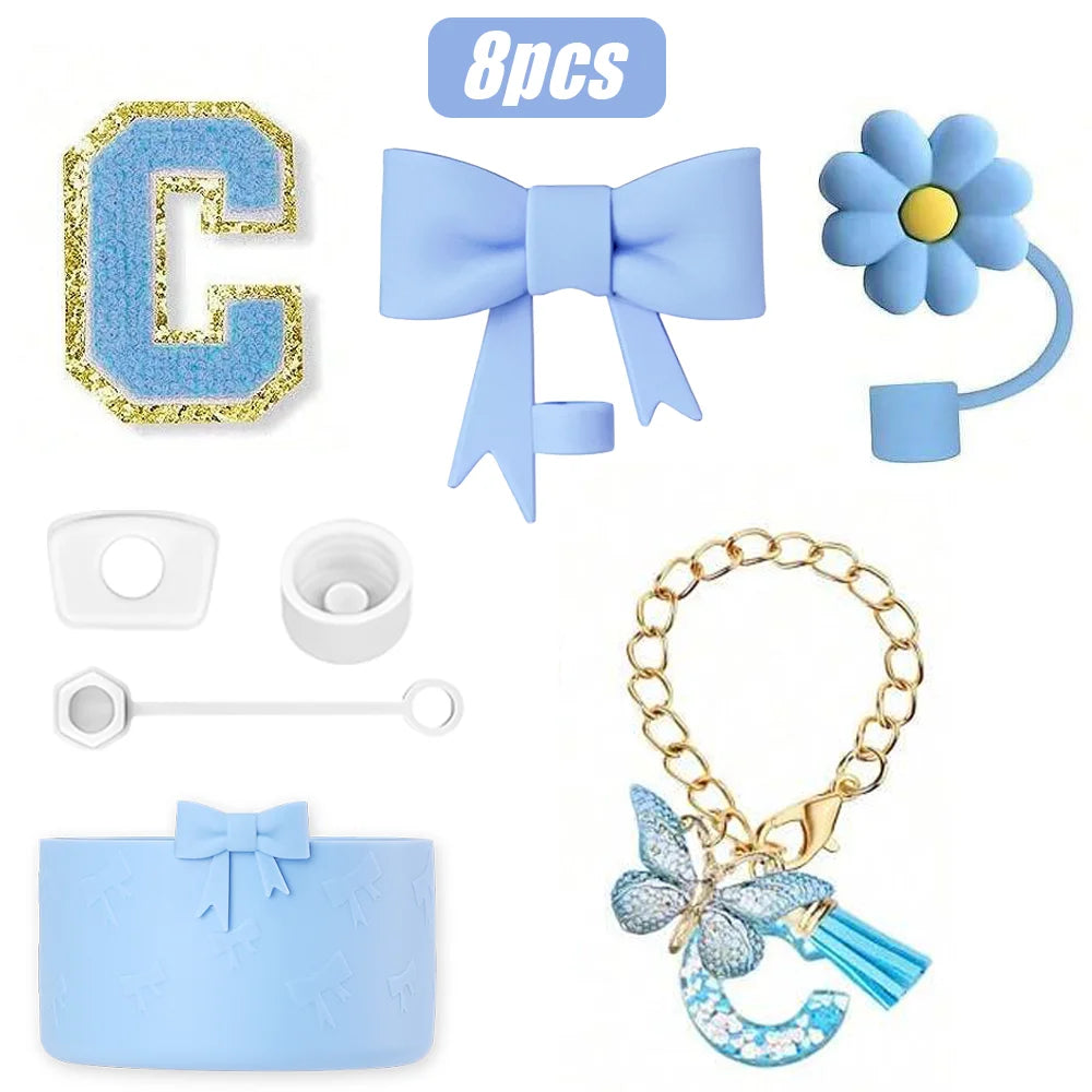 8PCS Cup Accessories Set for Stanley Cup 30oz 40oz, A-Z Initials Decorations, Including Silicone Straw Cover Cap,Sticker ﻿ ﻿