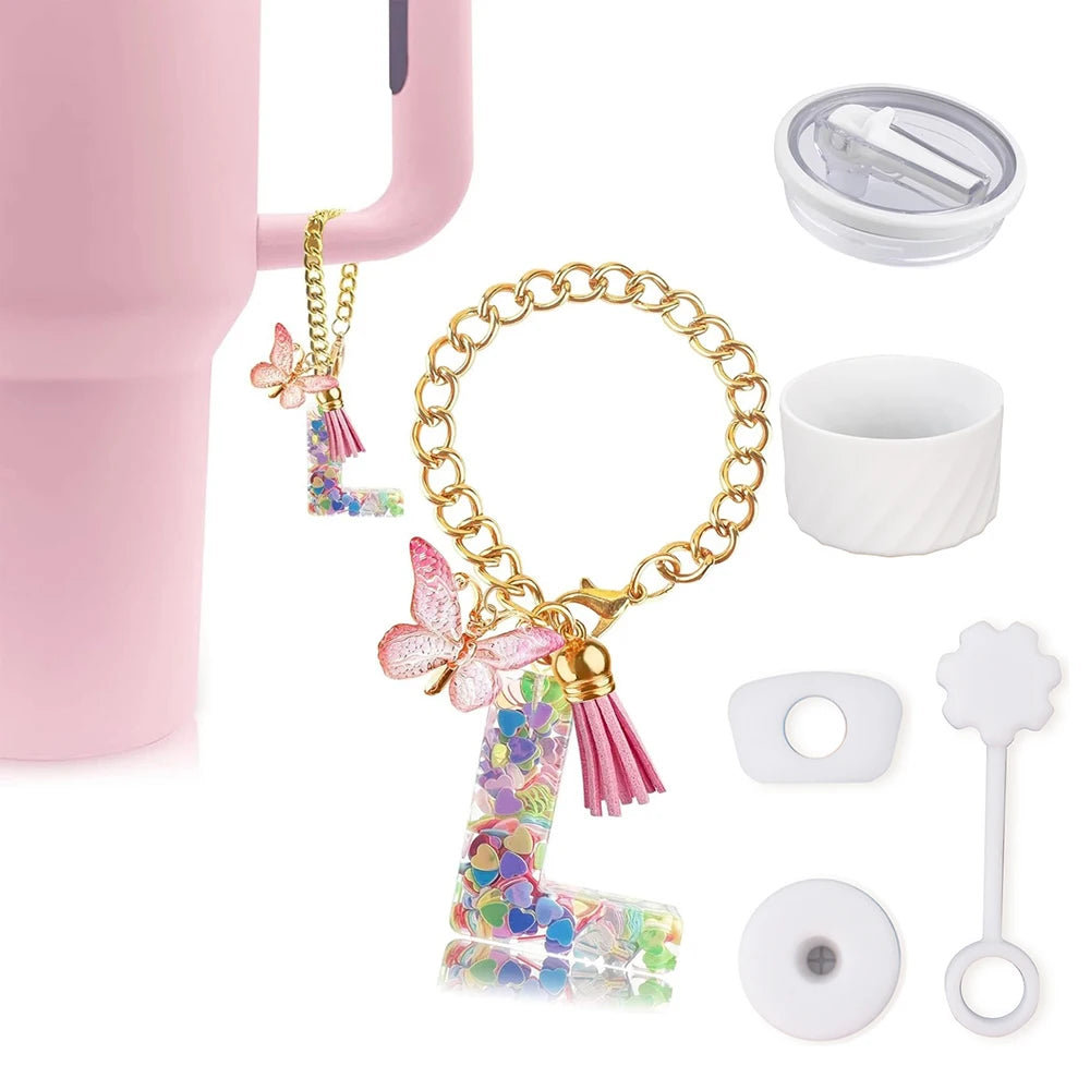 6PCS Cup Accessories Set for Stanley Cup 40oz, Tumbler Initials Decorations, Including Silicone Straw Cover Cap,Sticker