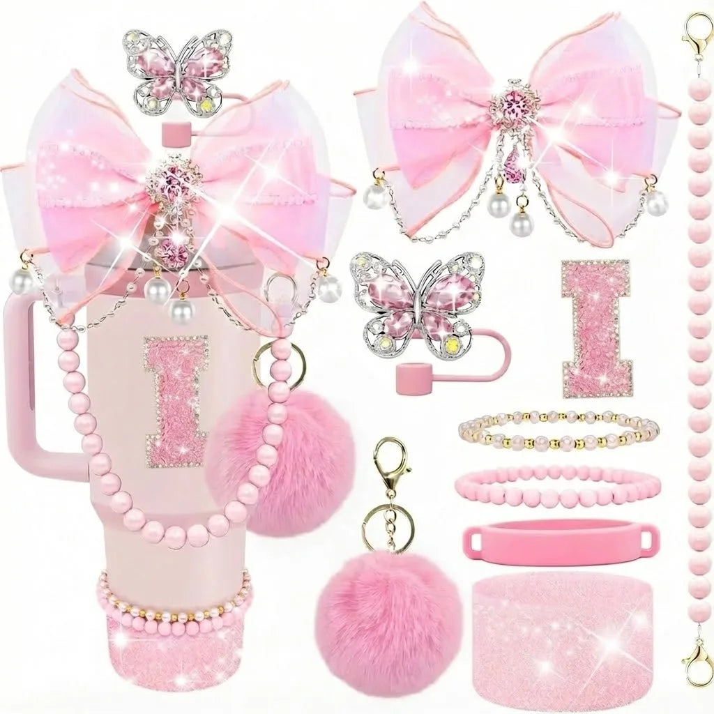 9pcs Quite Luxury Coquette Pink Bow Tumbler Accessories Set for Stanley 30oz 40oz Cup - Includes Letter Charm,  Cute Preppy Gift