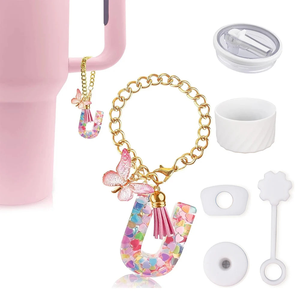 6PCS Cup Accessories Set for Stanley Cup 40oz, Tumbler Initials Decorations, Including Silicone Straw Cover Cap,Sticker