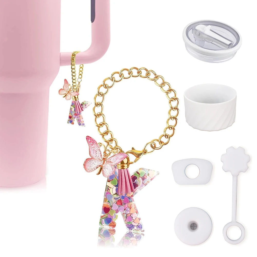 6PCS Cup Accessories Set for Stanley Cup 40oz, Tumbler Initials Decorations, Including Silicone Straw Cover Cap,Sticker