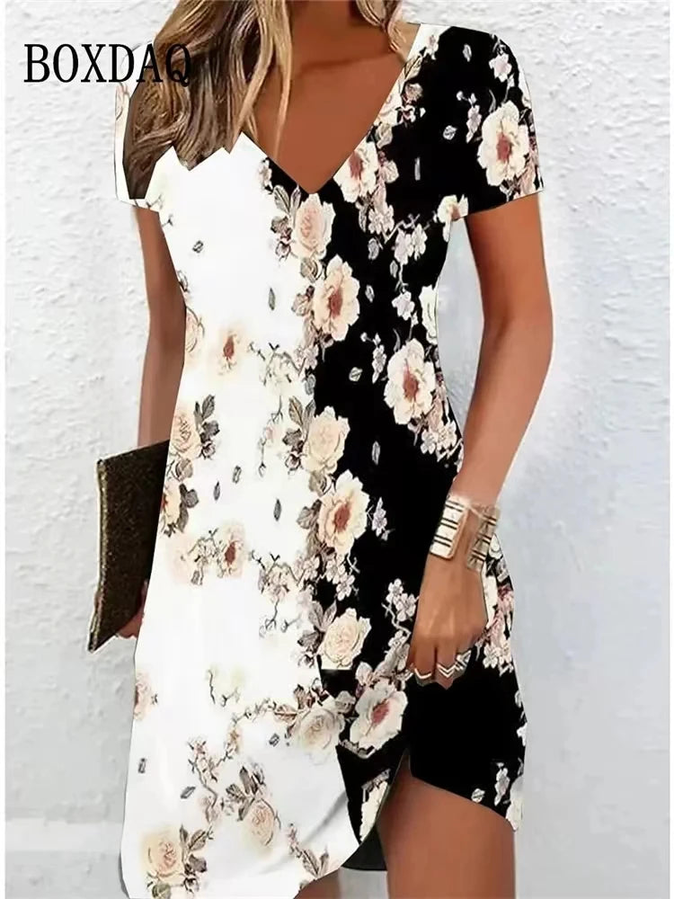 Casual Sundress Loose Summer Boho Beach Dress Floral Printed For Women Dress Retro V Neck Short Sleeve Plus Size Dresses