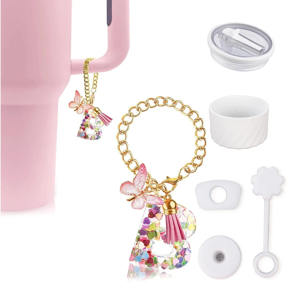 6PCS Cup Accessories Set for Stanley Cup 40oz, Tumbler Initials Decorations, Including Silicone Straw Cover Cap,Sticker