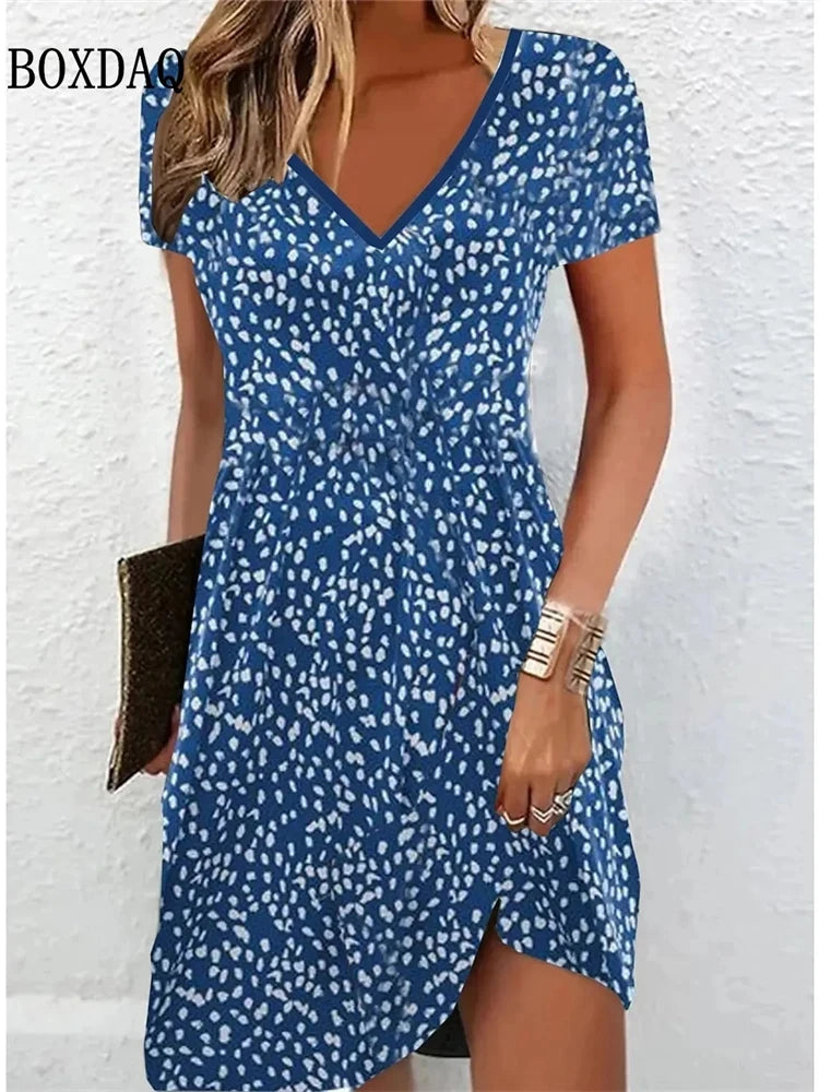 Casual Sundress Loose Summer Boho Beach Dress Floral Printed For Women Dress Retro V Neck Short Sleeve Plus Size Dresses