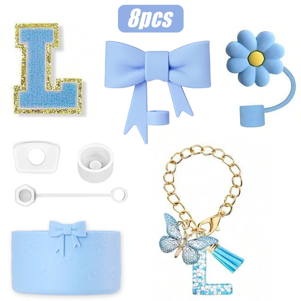 8PCS Cup Accessories Set for Stanley Cup 30oz 40oz, A-Z Initials Decorations, Including Silicone Straw Cover Cap,Sticker ﻿ ﻿