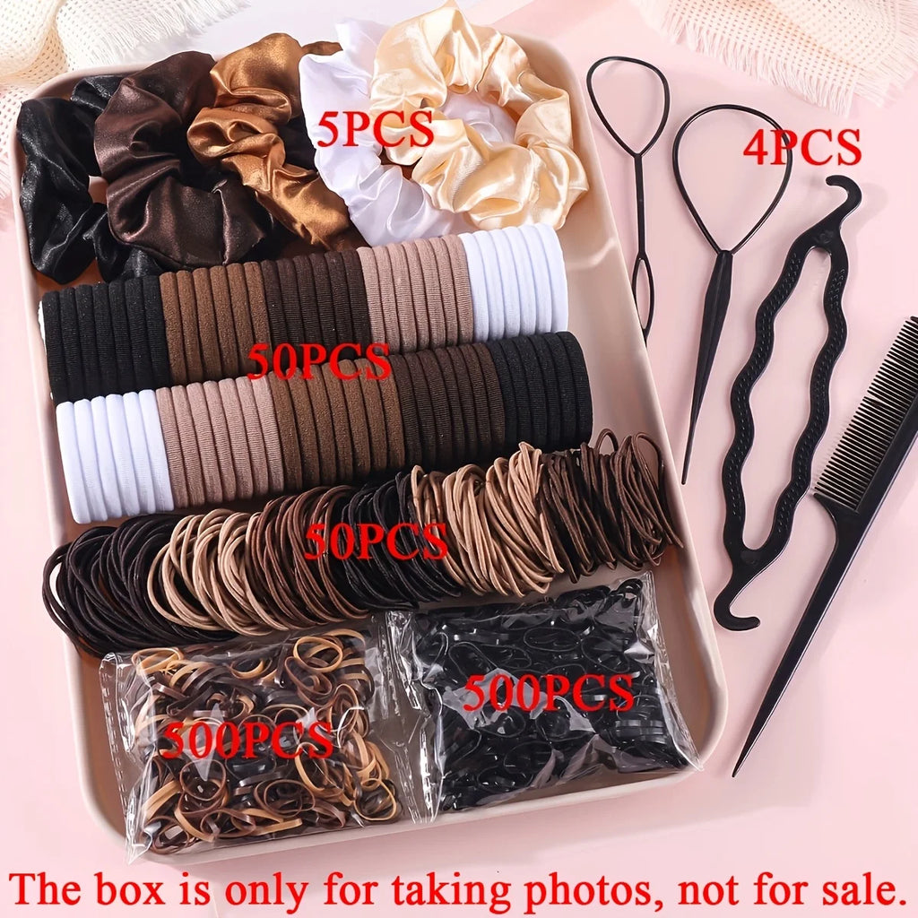 1109pcs Women Dark Hair Accessories Set Elastic Seamless Ponytail Scrunchies Small Rubber Bands Fashion Hair Ties Headbands