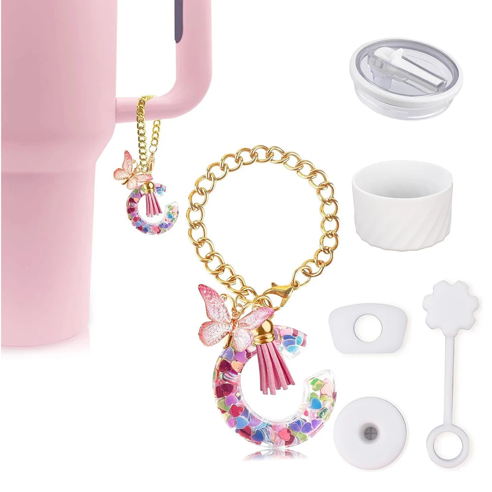 6PCS Cup Accessories Set for Stanley Cup 40oz, Tumbler Initials Decorations, Including Silicone Straw Cover Cap,Sticker