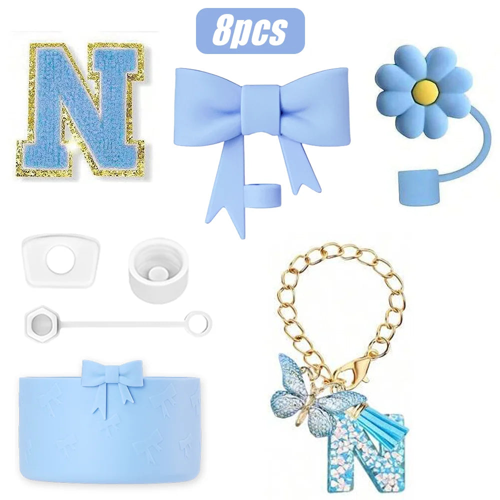 8PCS Cup Accessories Set for Stanley Cup 30oz 40oz, A-Z Initials Decorations, Including Silicone Straw Cover Cap,Sticker ﻿ ﻿