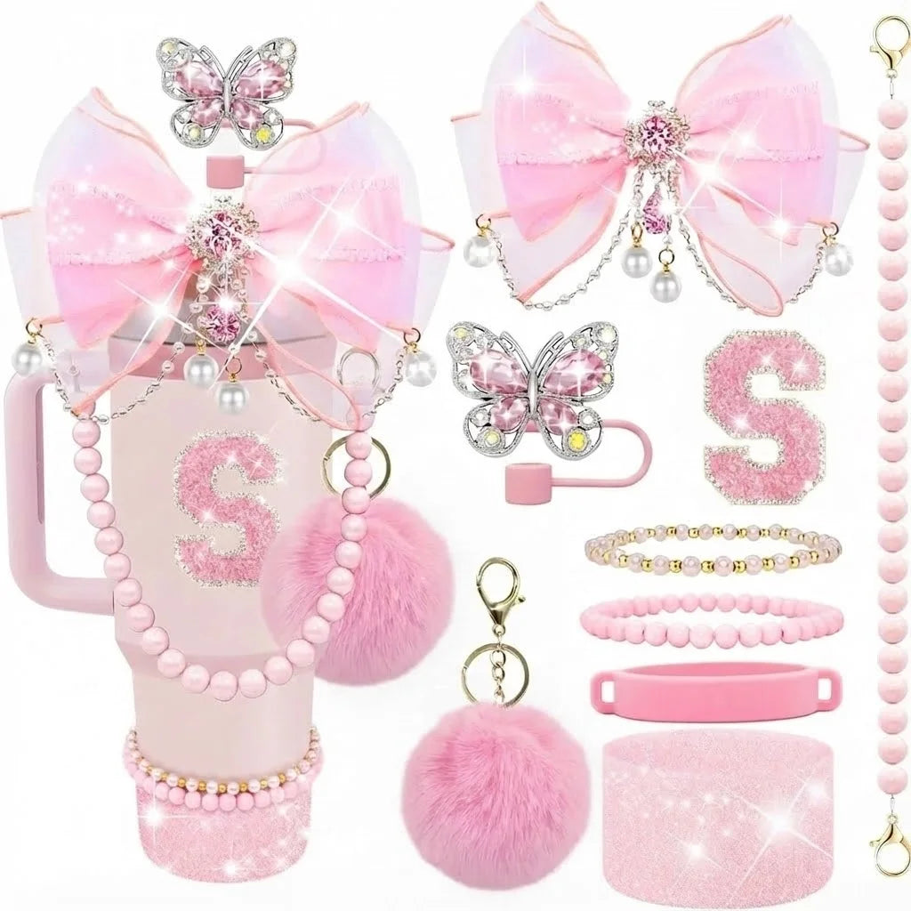 9pcs Quite Luxury Coquette Pink Bow Tumbler Accessories Set for Stanley 30oz 40oz Cup - Includes Letter Charm,  Cute Preppy Gift