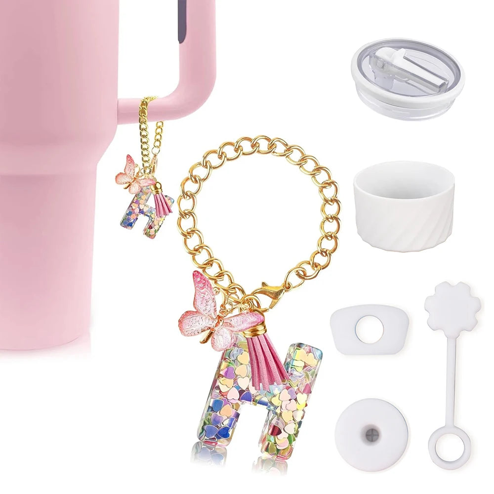 6PCS Cup Accessories Set for Stanley Cup 40oz, Tumbler Initials Decorations, Including Silicone Straw Cover Cap,Sticker