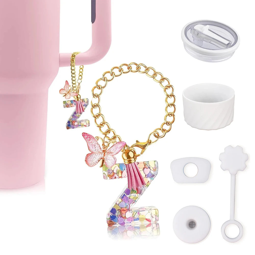 6PCS Cup Accessories Set for Stanley Cup 40oz, Tumbler Initials Decorations, Including Silicone Straw Cover Cap,Sticker