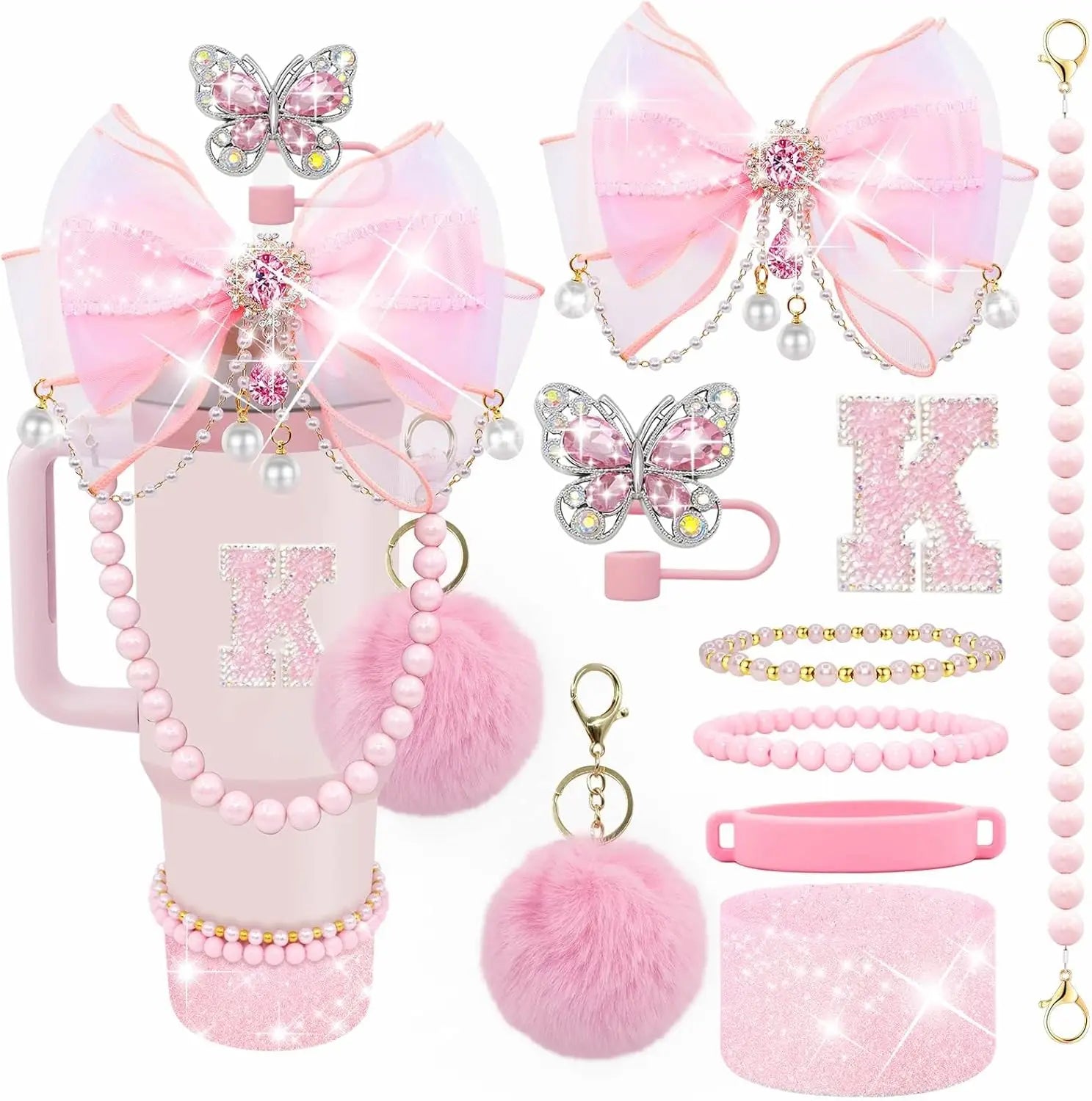 9pcs Quite Luxury Coquette Pink Bow Tumbler Accessories Set for Stanley 30oz 40oz Cup - Includes Letter Charm,  Cute Preppy Gift