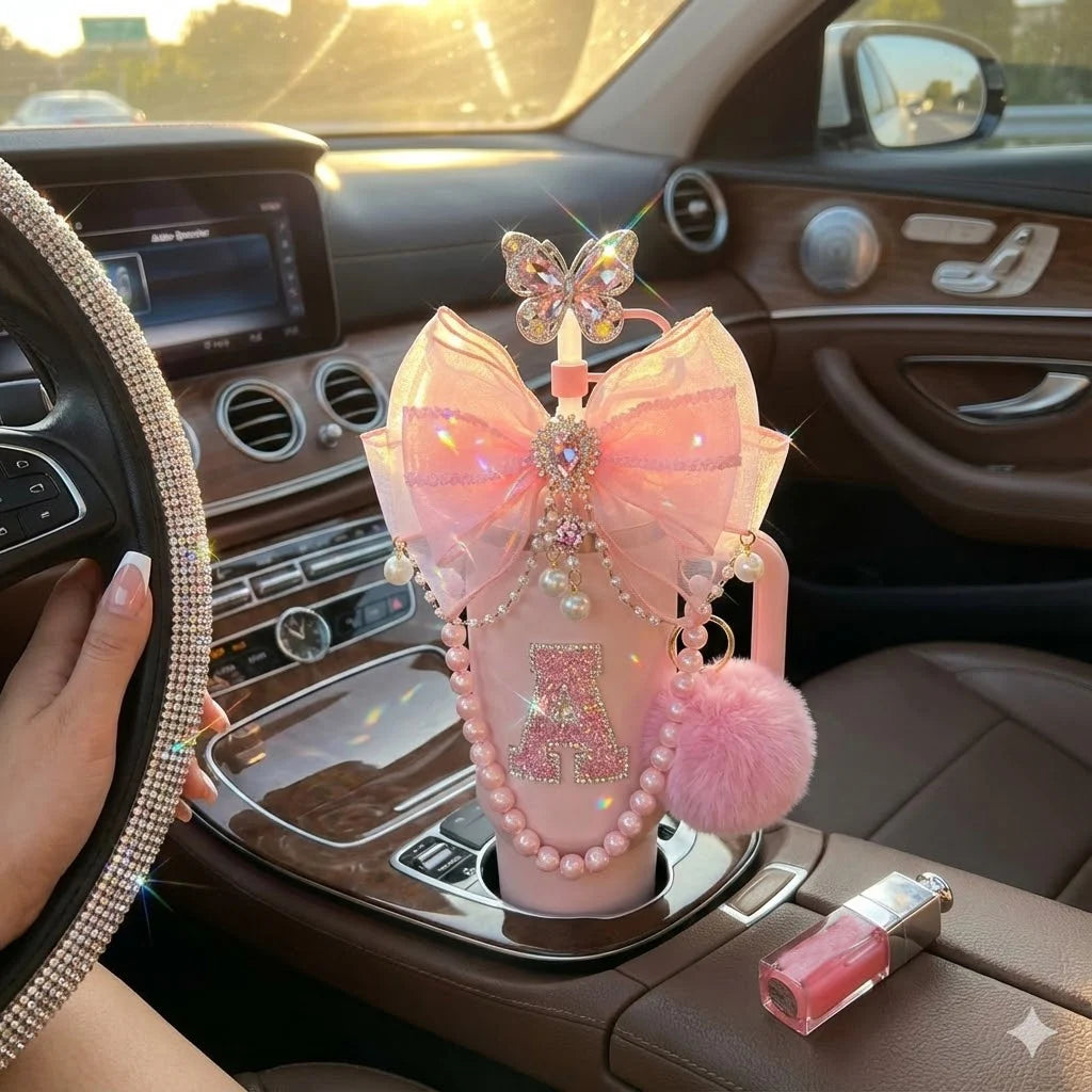 9pcs Quite Luxury Coquette Pink Bow Tumbler Accessories Set for Stanley 30oz 40oz Cup - Includes Letter Charm,  Cute Preppy Gift