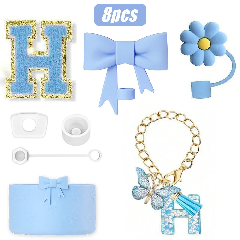 8PCS Cup Accessories Set for Stanley Cup 30oz 40oz, A-Z Initials Decorations, Including Silicone Straw Cover Cap,Sticker ﻿ ﻿