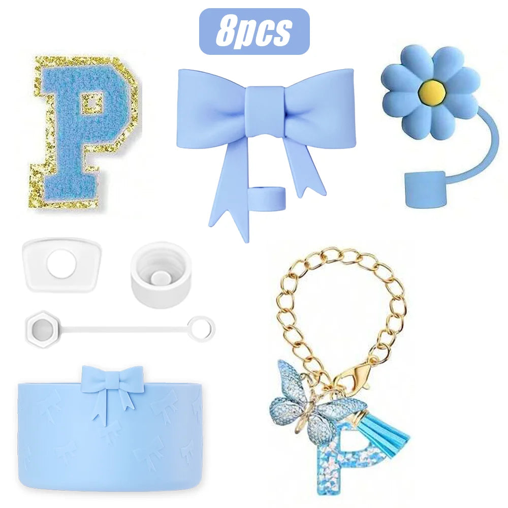 8PCS Cup Accessories Set for Stanley Cup 30oz 40oz, A-Z Initials Decorations, Including Silicone Straw Cover Cap,Sticker ﻿ ﻿