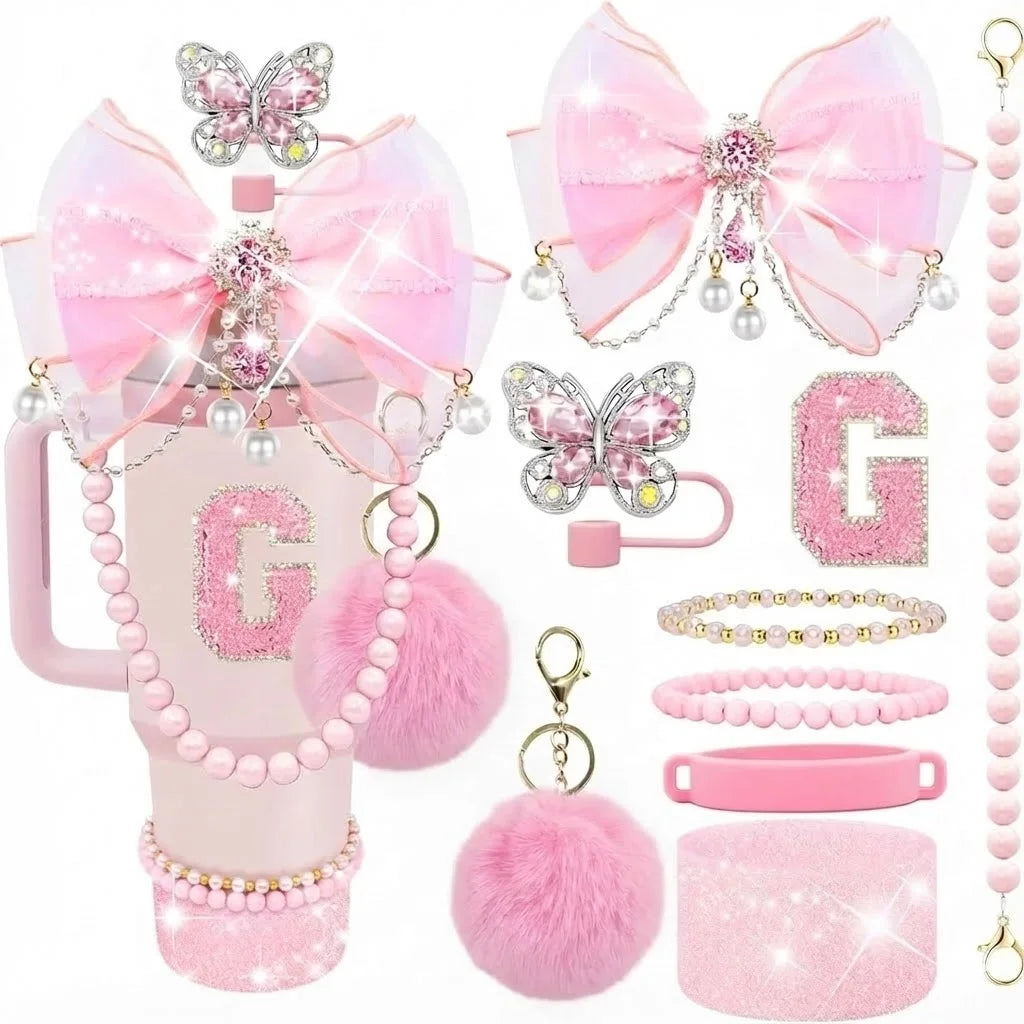 9pcs Quite Luxury Coquette Pink Bow Tumbler Accessories Set for Stanley 30oz 40oz Cup - Includes Letter Charm,  Cute Preppy Gift