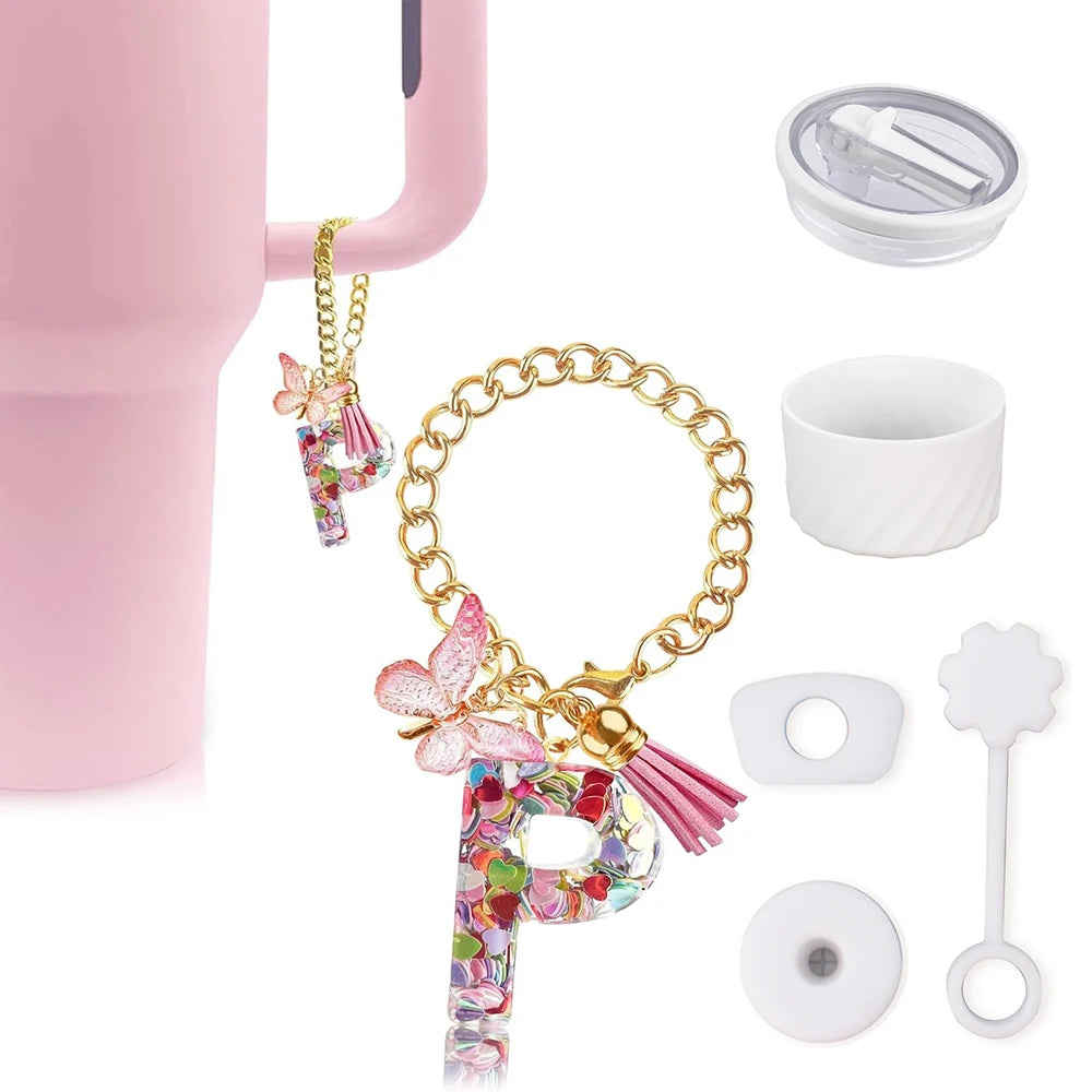 6PCS Cup Accessories Set for Stanley Cup 40oz, Tumbler Initials Decorations, Including Silicone Straw Cover Cap,Sticker