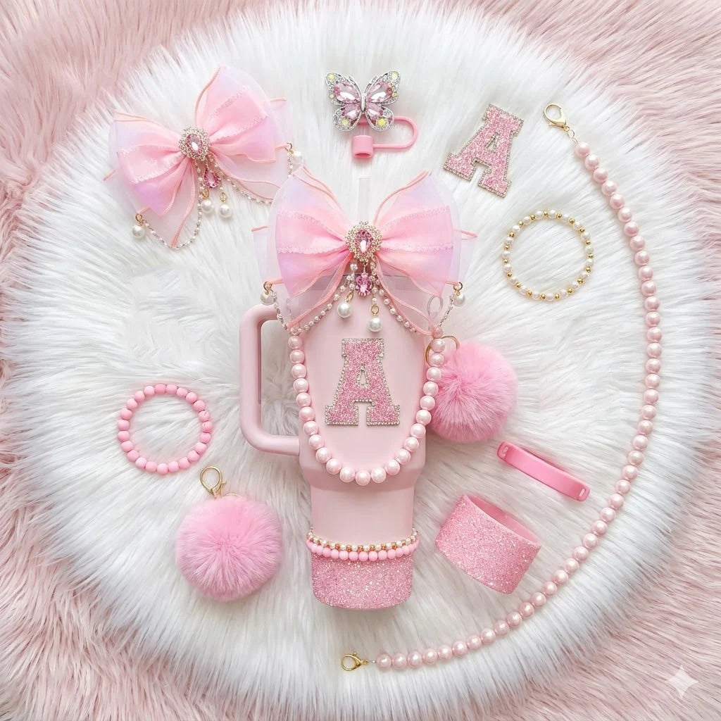 9pcs Quite Luxury Coquette Pink Bow Tumbler Accessories Set for Stanley 30oz 40oz Cup - Includes Letter Charm,  Cute Preppy Gift