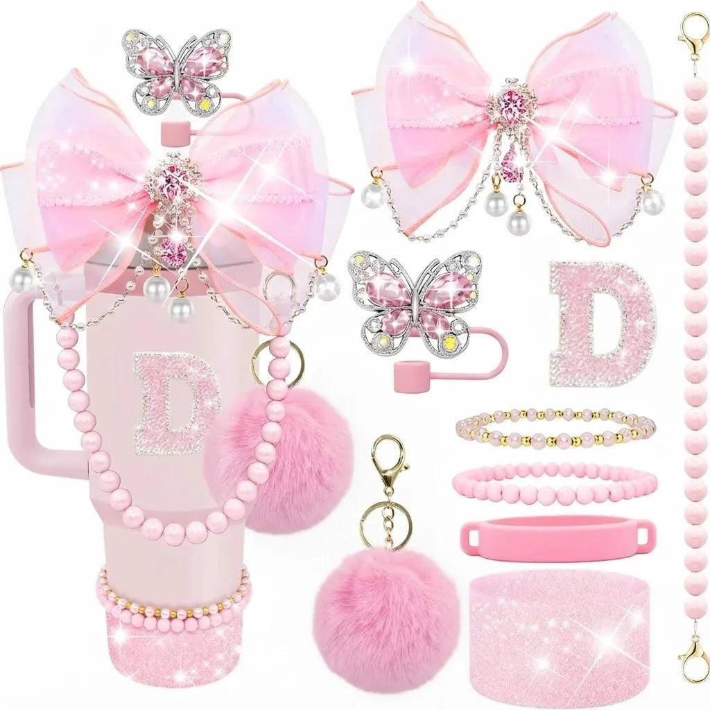 9pcs Quite Luxury Coquette Pink Bow Tumbler Accessories Set for Stanley 30oz 40oz Cup - Includes Letter Charm,  Cute Preppy Gift