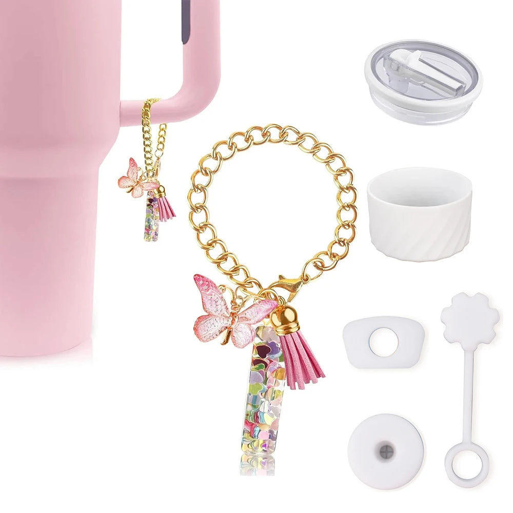 6PCS Cup Accessories Set for Stanley Cup 40oz, Tumbler Initials Decorations, Including Silicone Straw Cover Cap,Sticker