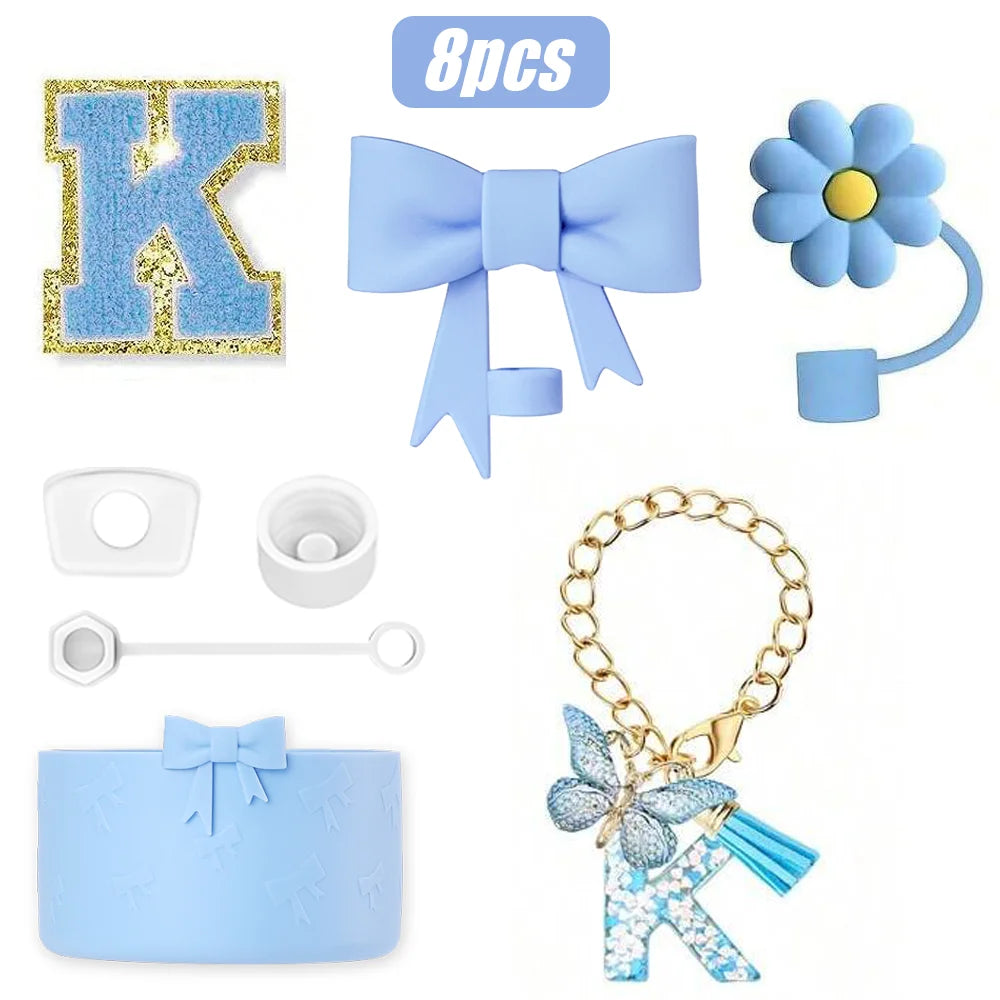 8PCS Cup Accessories Set for Stanley Cup 30oz 40oz, A-Z Initials Decorations, Including Silicone Straw Cover Cap,Sticker ﻿ ﻿
