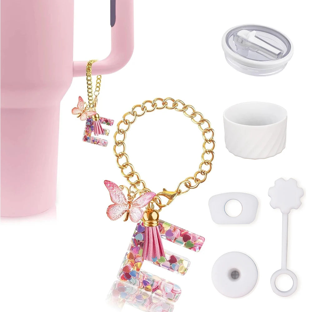 6PCS Cup Accessories Set for Stanley Cup 40oz, Tumbler Initials Decorations, Including Silicone Straw Cover Cap,Sticker