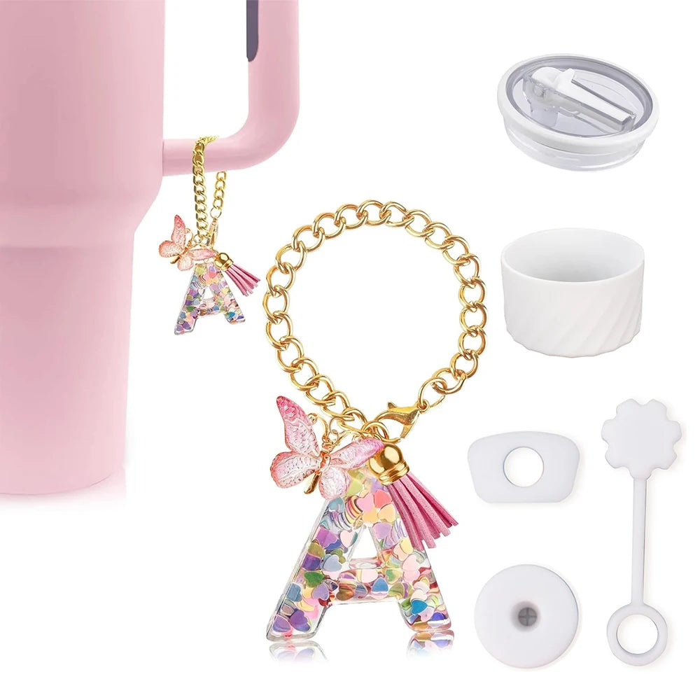 6PCS Cup Accessories Set for Stanley Cup 40oz, Tumbler Initials Decorations, Including Silicone Straw Cover Cap,Sticker