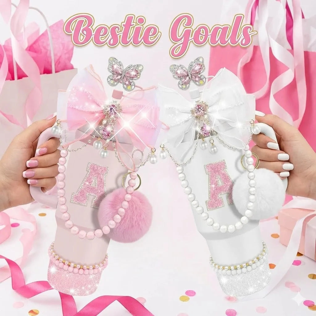 9pcs Quite Luxury Coquette Pink Bow Tumbler Accessories Set for Stanley 30oz 40oz Cup - Includes Letter Charm,  Cute Preppy Gift