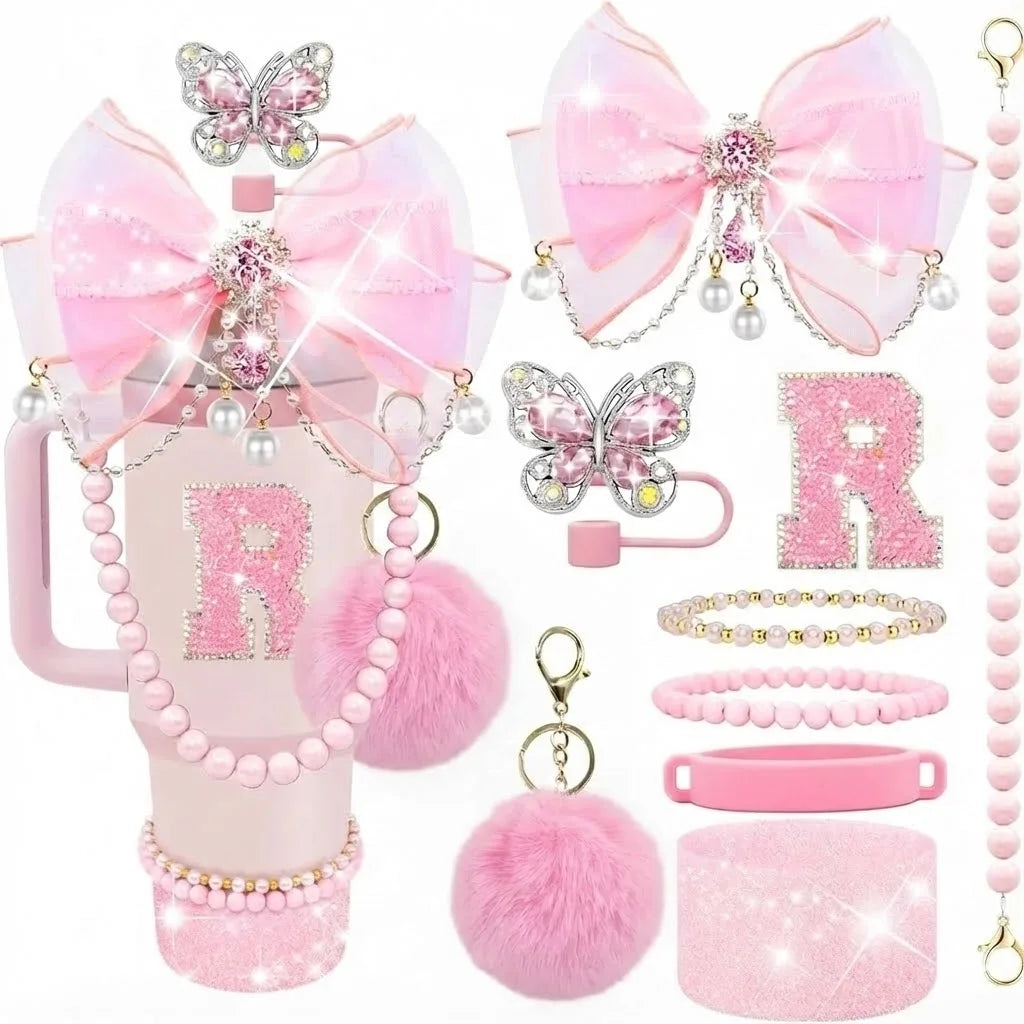 9pcs Quite Luxury Coquette Pink Bow Tumbler Accessories Set for Stanley 30oz 40oz Cup - Includes Letter Charm,  Cute Preppy Gift